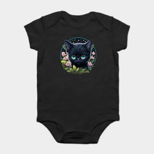 Starry Night Kitten with Big Blue Eyes and Pink Flowers Baby Bodysuit